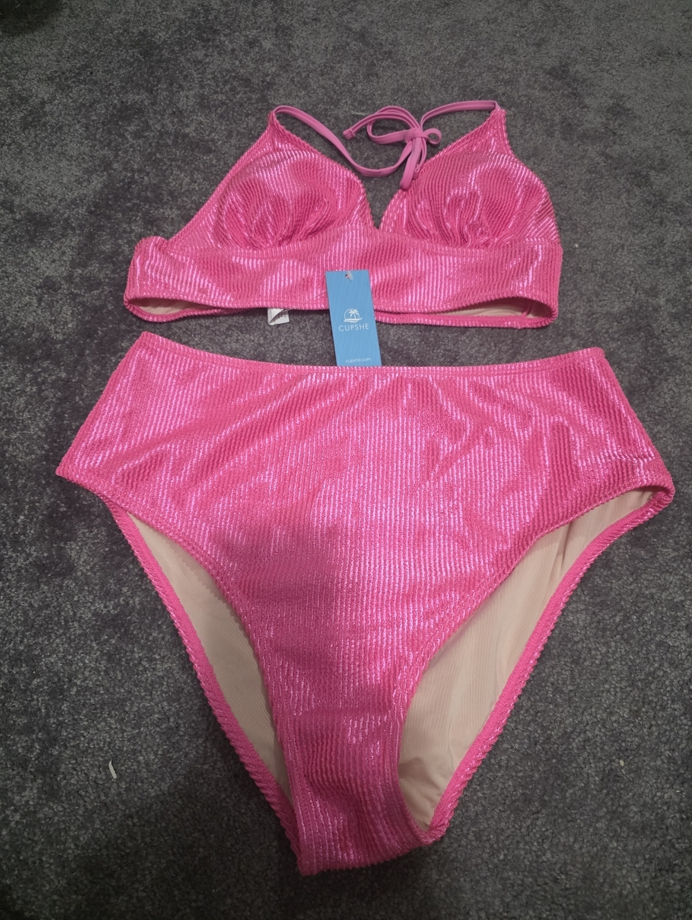 NWT Cupshe Hot Pink Metallic High-Waist Bikini Set